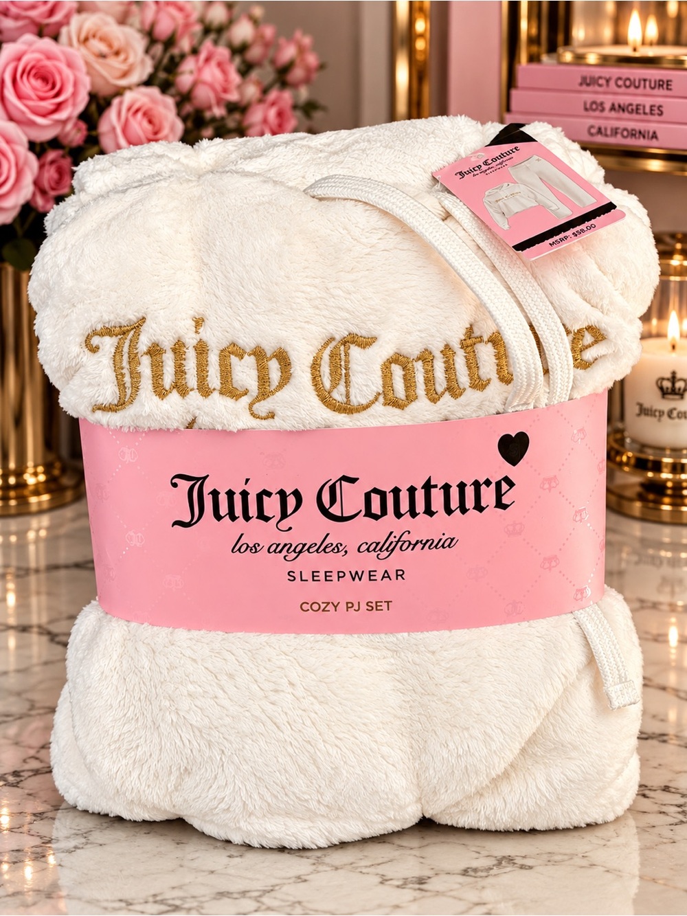 Juicy Couture Cream Plush Cozy PJ Set with Gold Logo
